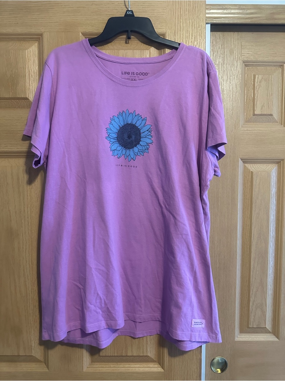 Life Is Good Lavender Tee with Blue Sunflower Graphic - Women's